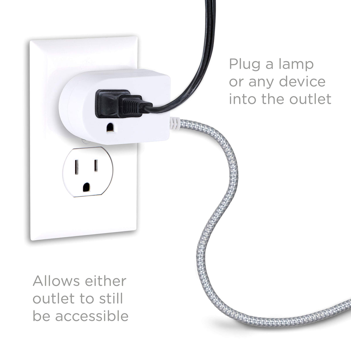 Cordinate side-angle plug design keeps outlets free for adjacent devices.