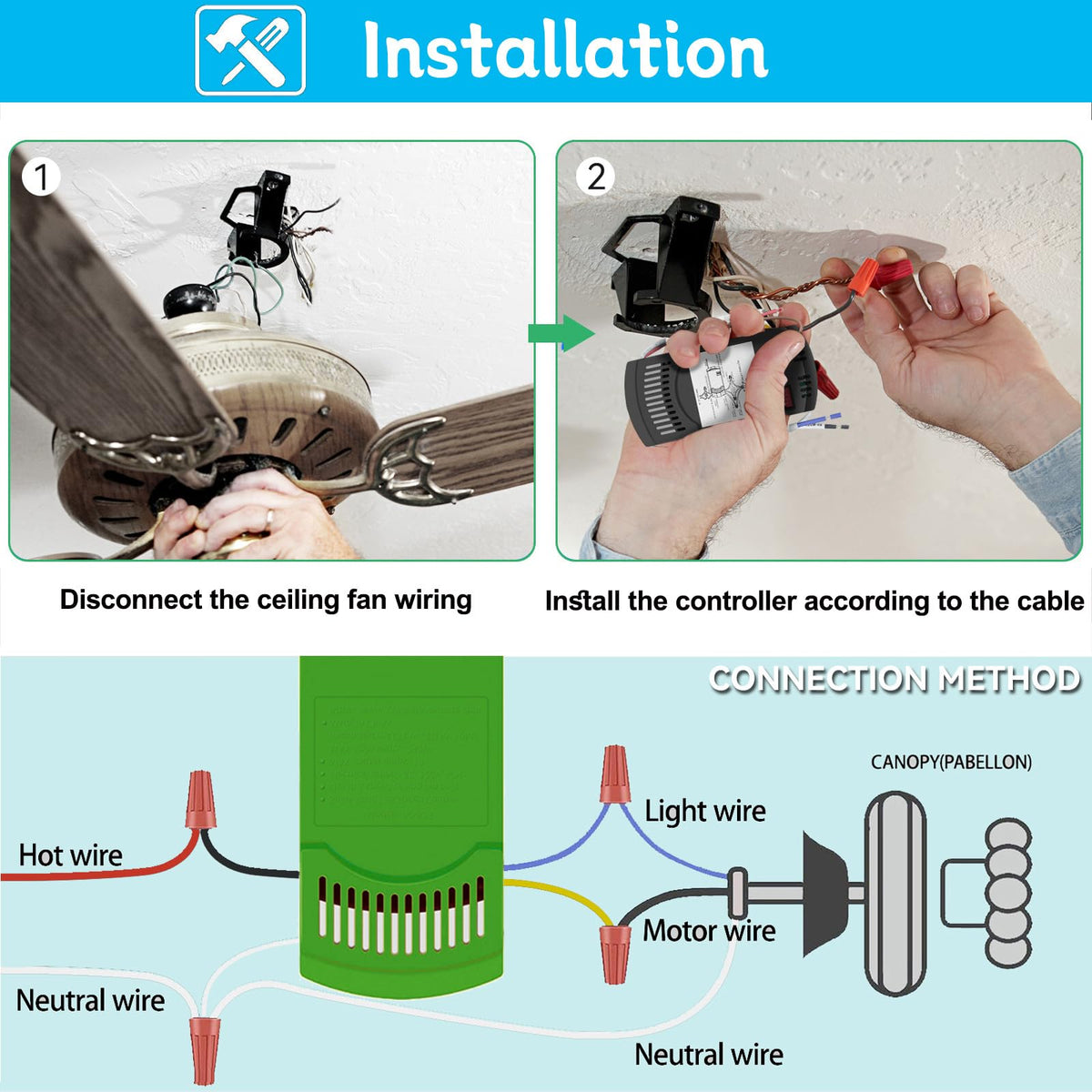 Long-range remote control usable up to 60 feet from the fan