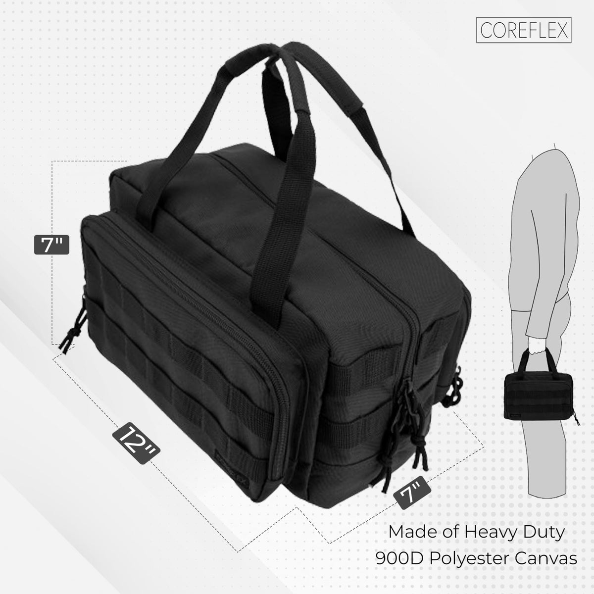 Coreflex 12-inch bag side view with MOLLE straps for expandable gear