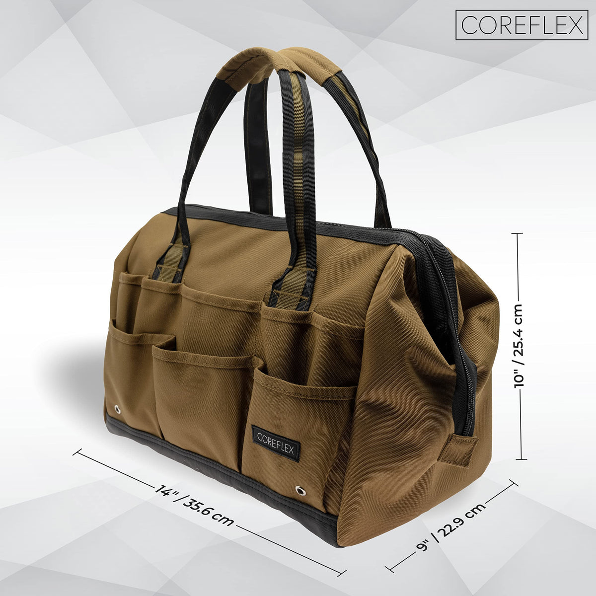 Coreflex wide-mouth tool bag inside layout showing multiple pockets