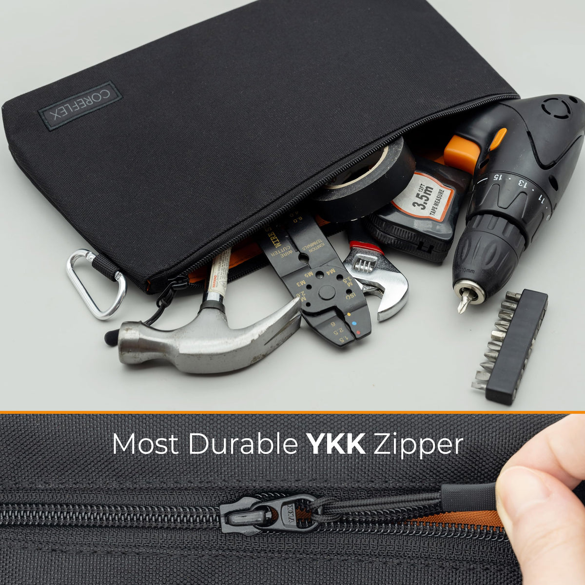 Coreflex Premium Tool Pouch flat bottom closeup emphasizes stable organization.