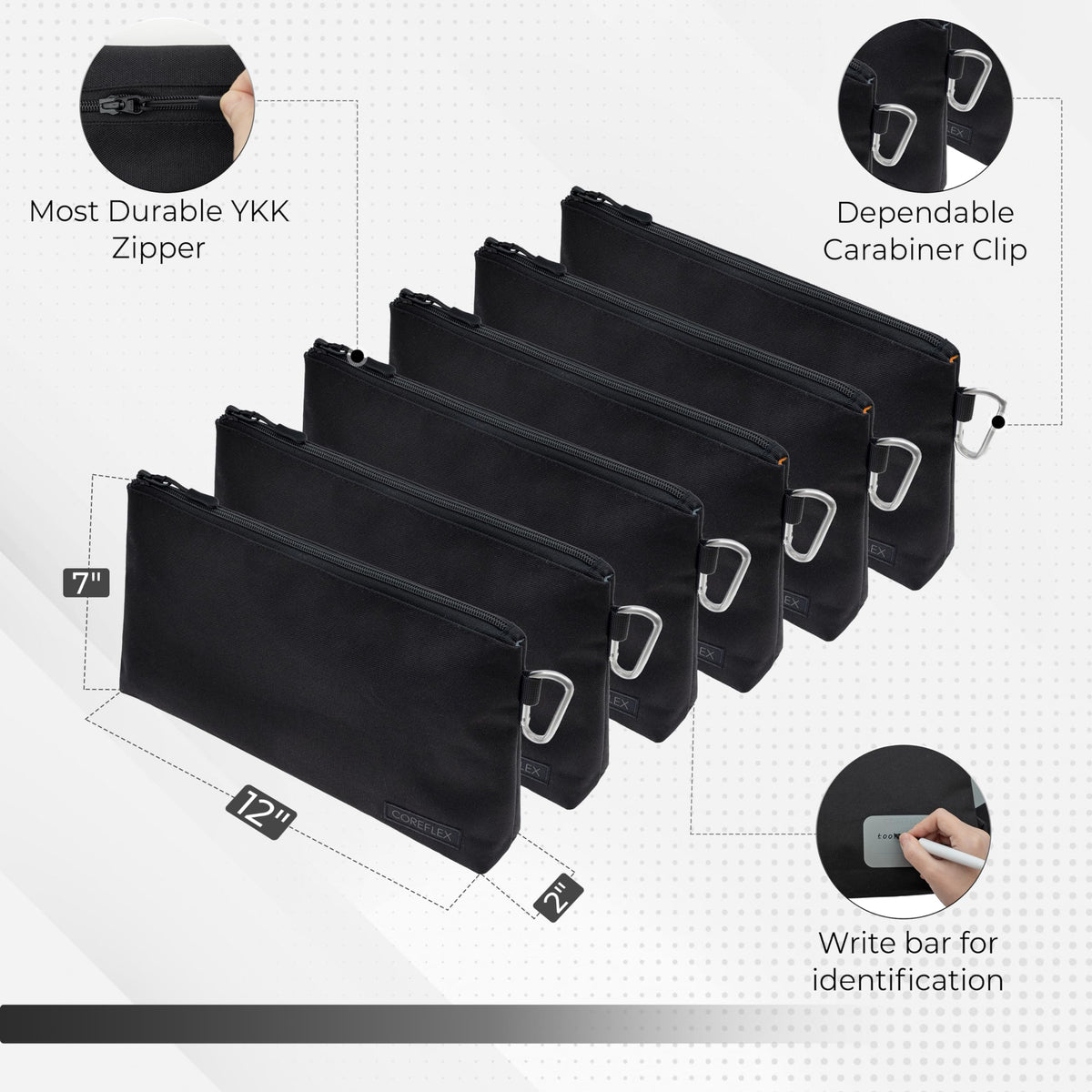 COREFLEX Premium Tool Pouch close-up shows 600D canvas and durable YKK zipper.