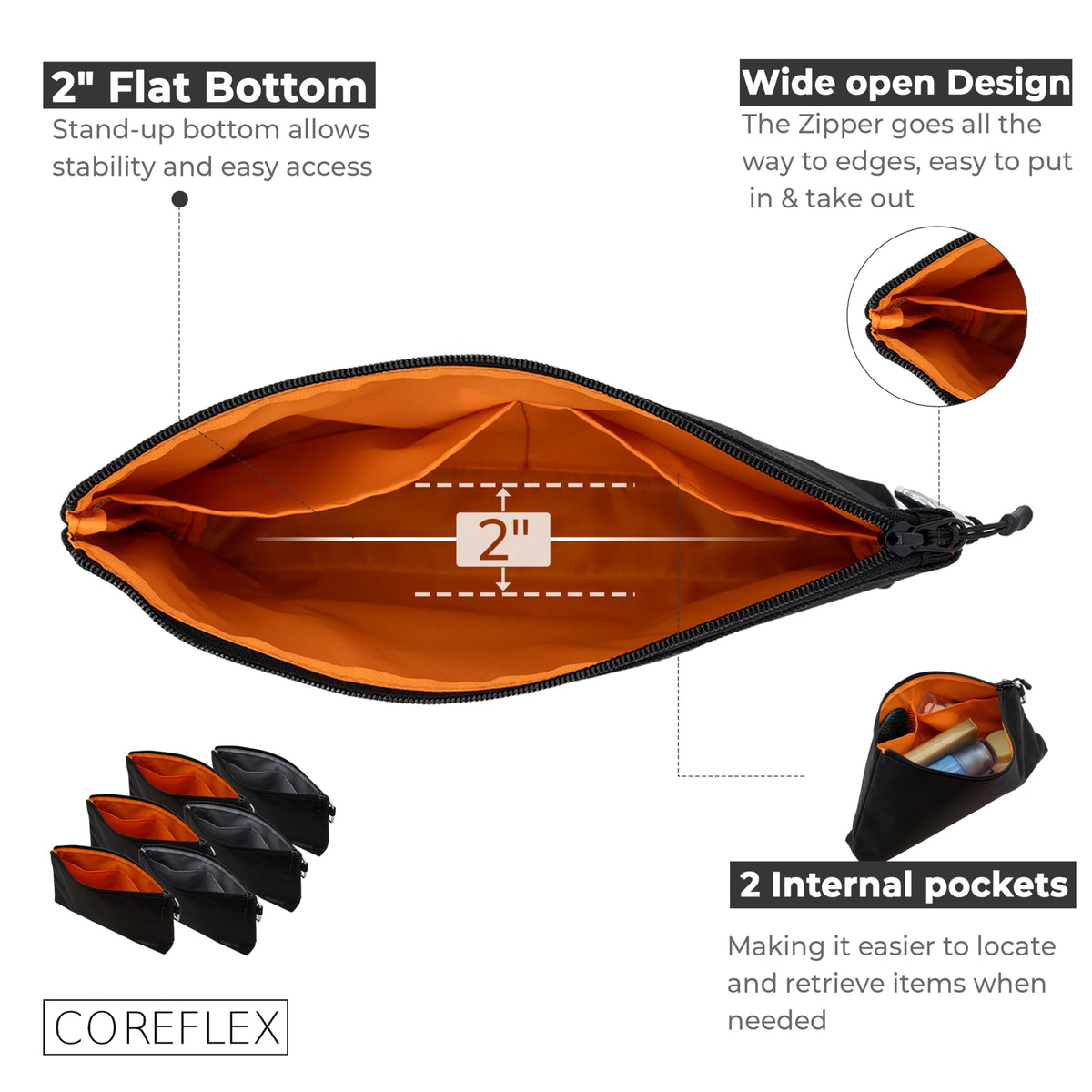 COREFLEX Premium Tool Pouch flat bottom design enhances stability for tools.