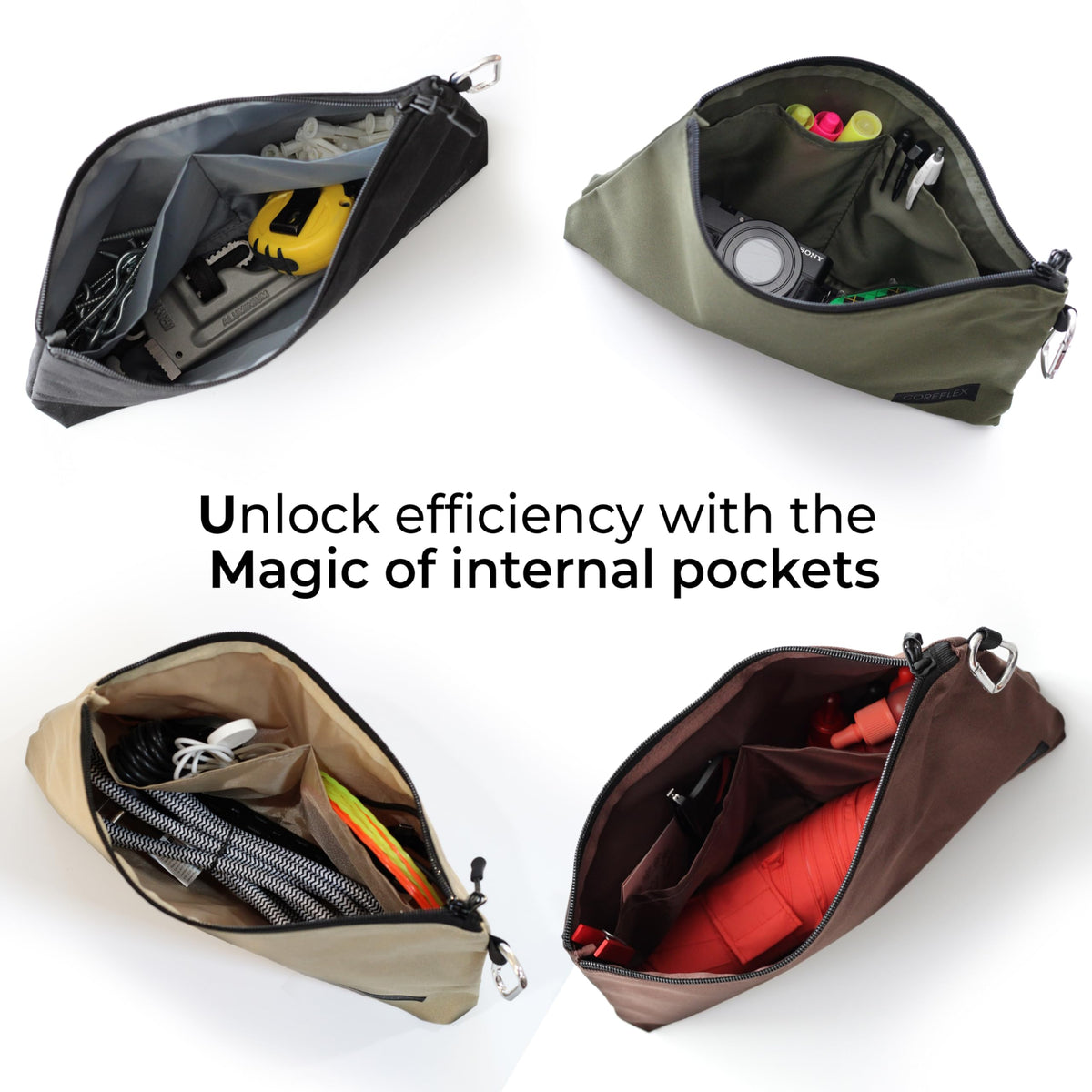 CoreFlex Pouch interior organized to separate tools and gadgets