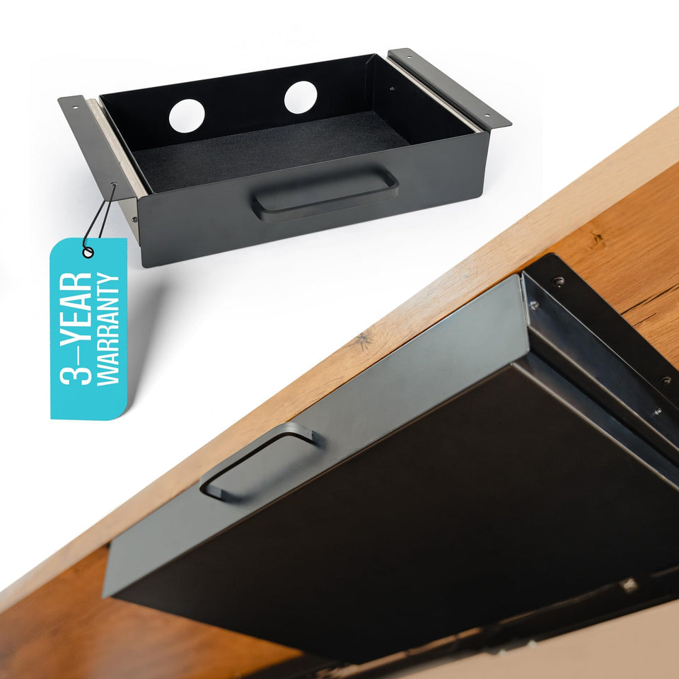 COREMINDED under-desk drawer attachment, side view shows accessible storage for essentials.