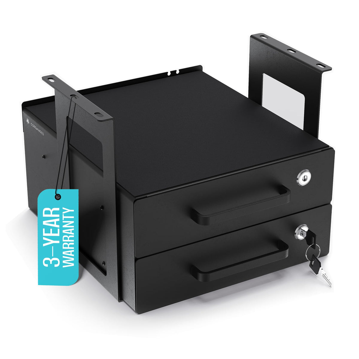 CoreMinded under-desk drawer double-bracketed front view showing secure organization.
