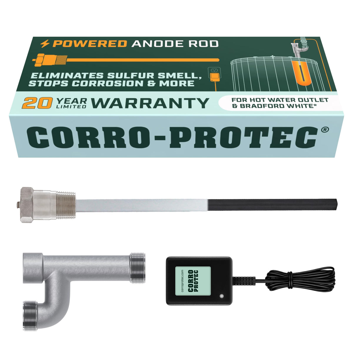 Corro-Protec powered anode rod installed in Bradford White hot water outlet for tank protection.