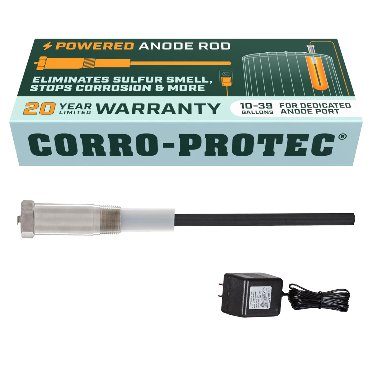 Corro-Protec powered anode rod at top port installation for efficient hot water protection.