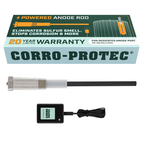 Corro-Protec powered anode rod at top-port installation for hot water maintenance.