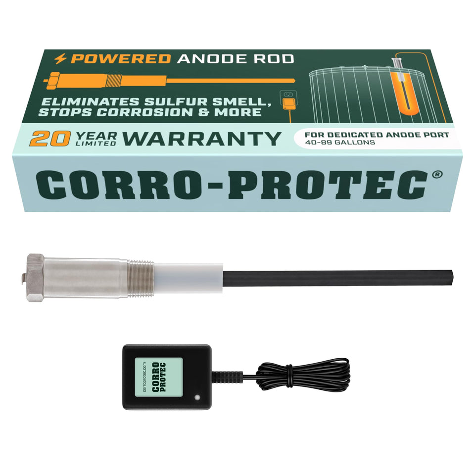 Corro-Protec powered anode rod at top-port installation for hot water maintenance.