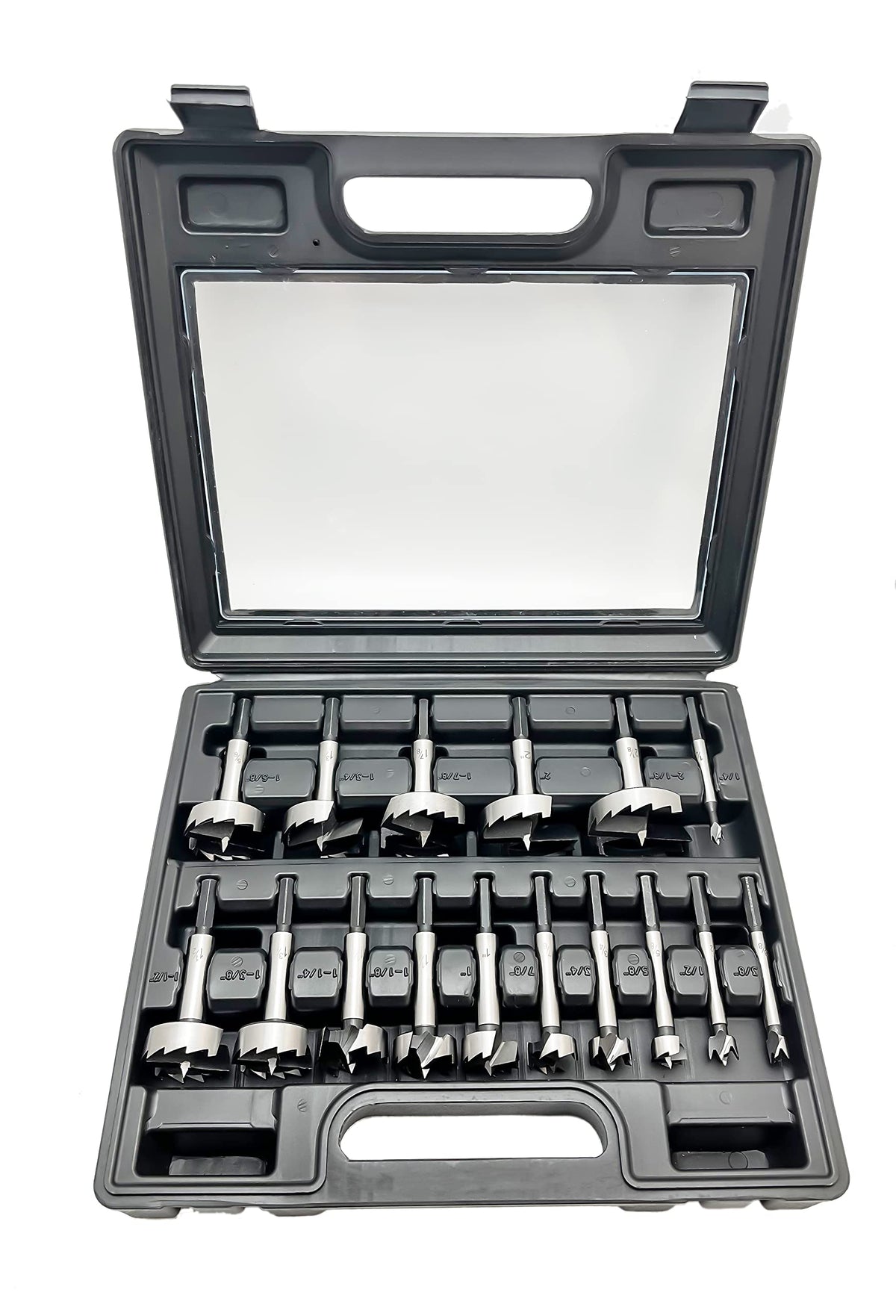 Cortool 16-piece Forstner set with hex shank for quick, secure bit changes.