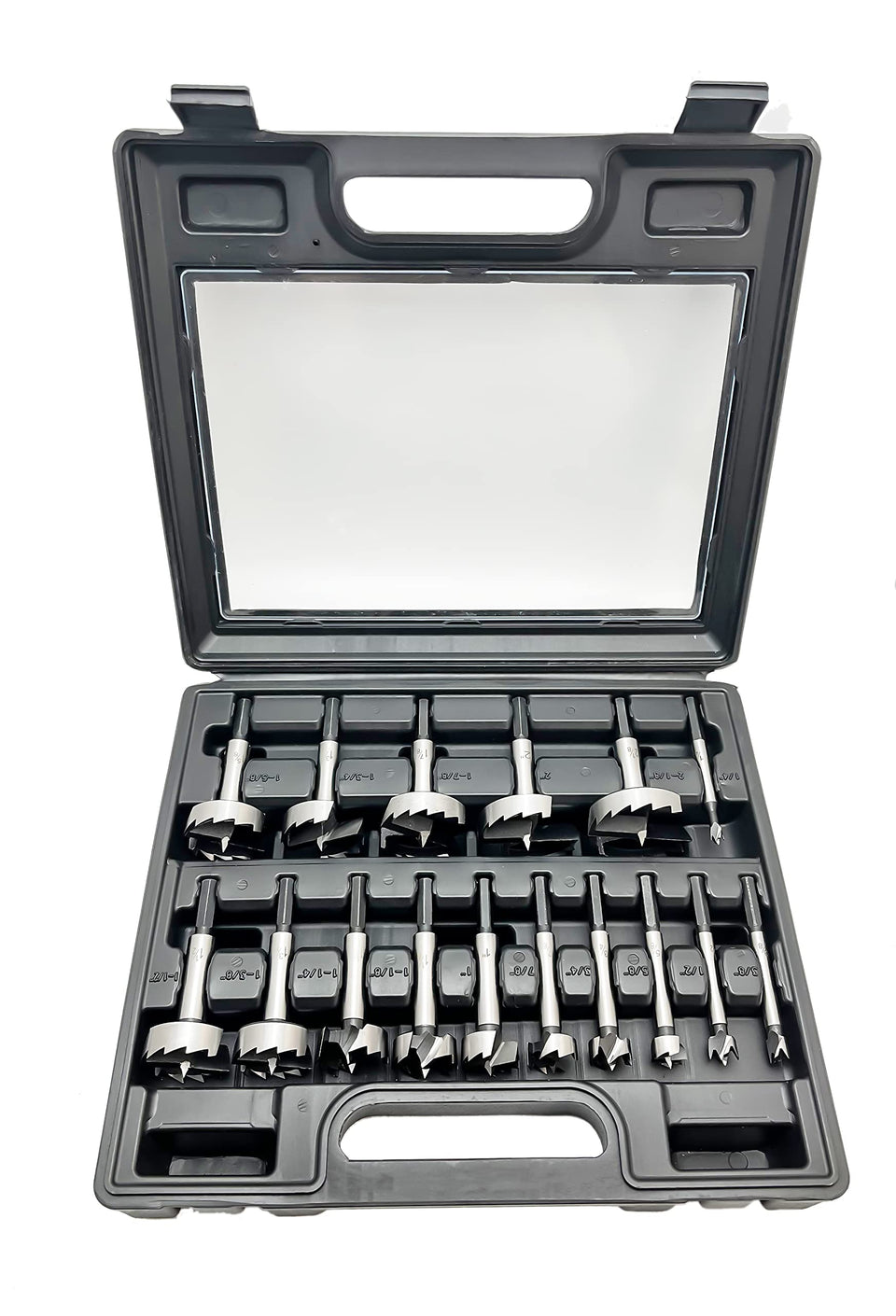 Cortool 16-piece Forstner set with hex shank for quick, secure bit changes.