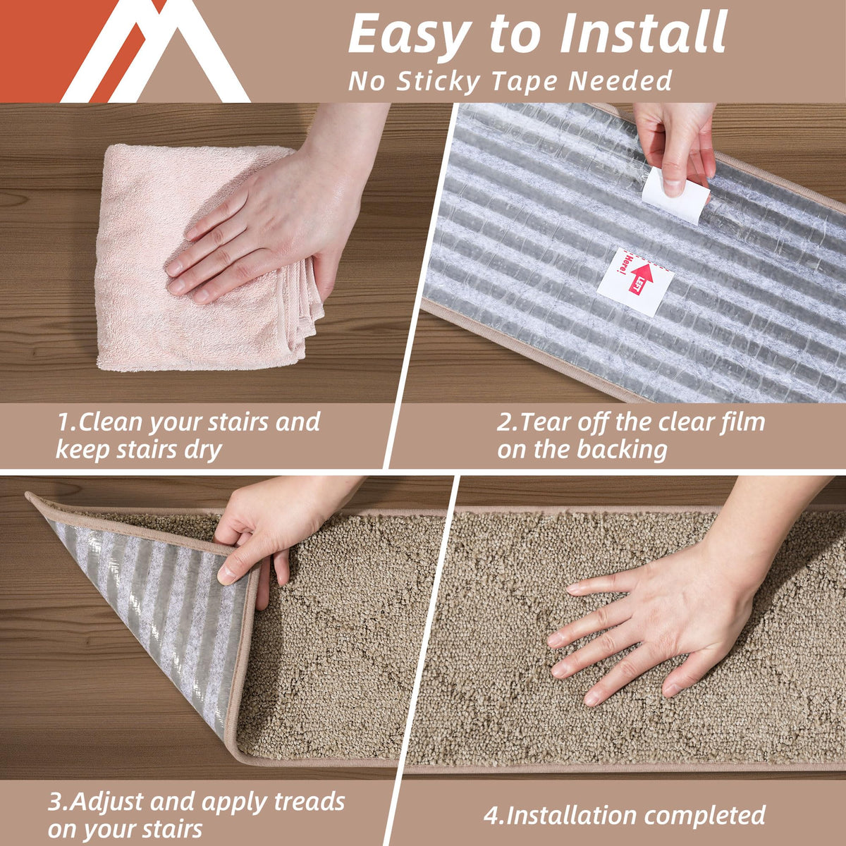 COSY HOMEER beige easy-peel-stick installation on stairs
