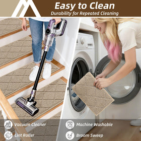 COSY HOMEER beige stair mat on wooden steps protects floors from scuffs.