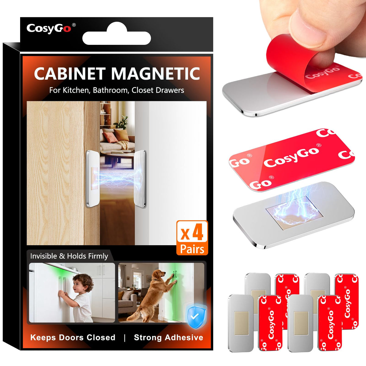 CosyGo 4Sets magnetic cabinet catch installed invisibly between door and frame for seamless look