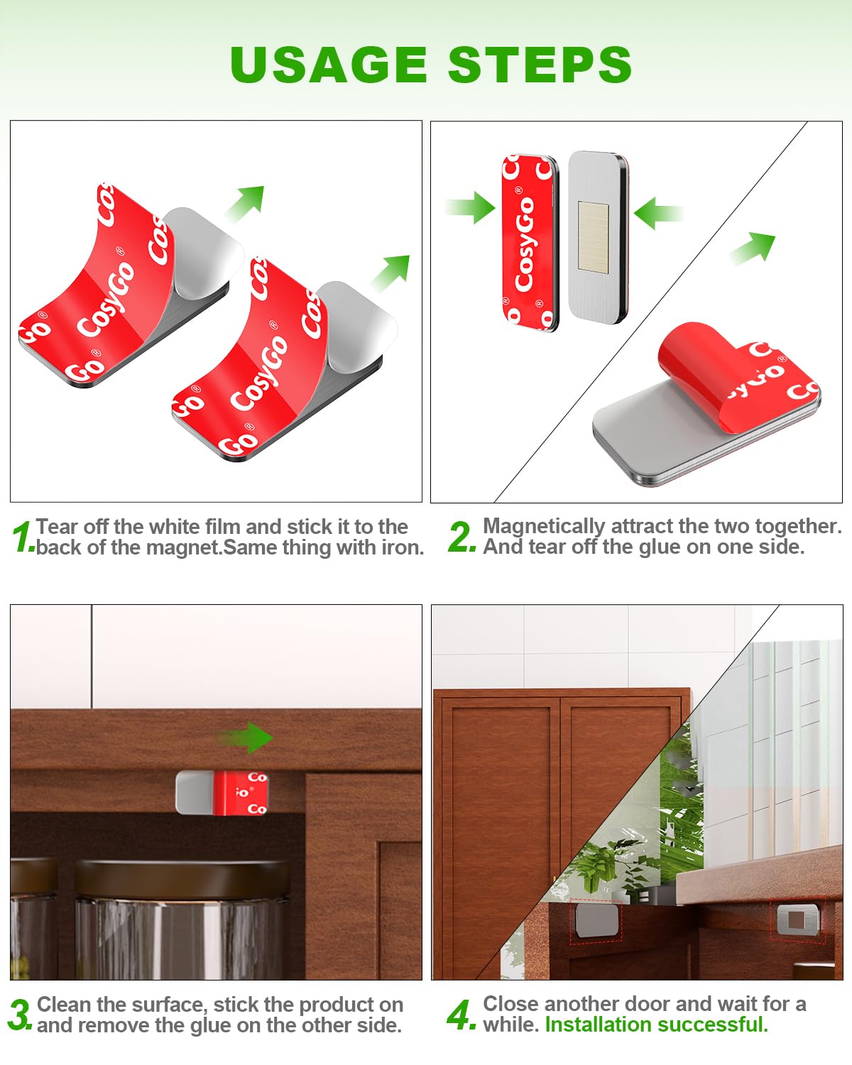 CosyGo kitchen, bathroom, and office cabinets stay organized with reliable closures