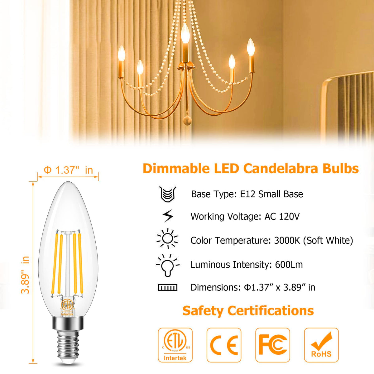 Cotanic dimmable candle bulbs 3000K ideal for chandeliers