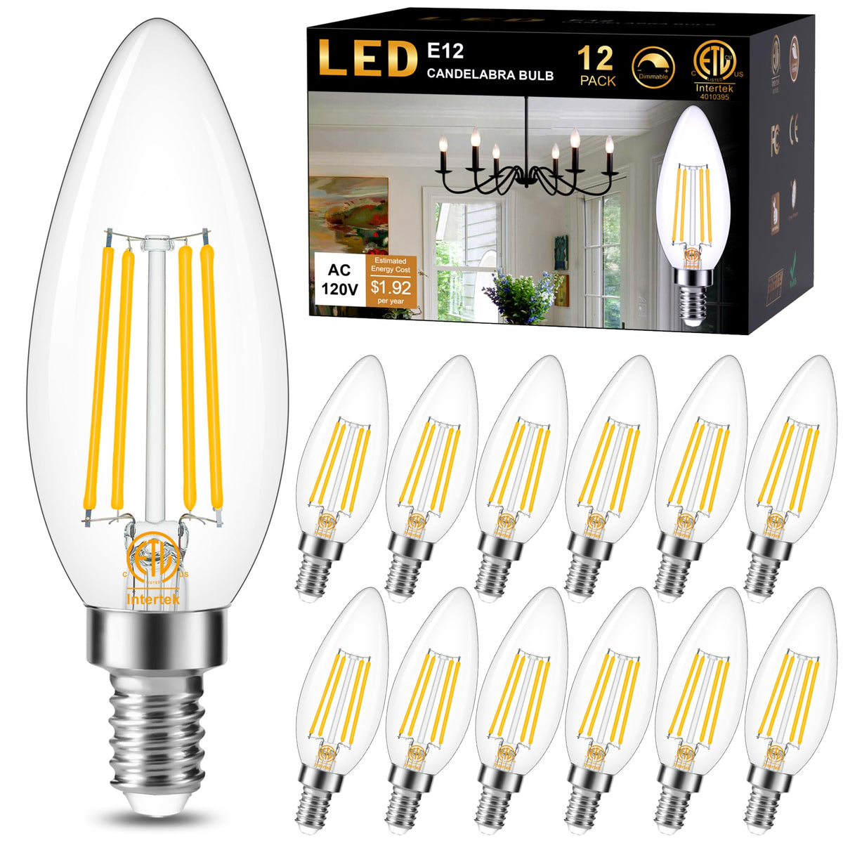 Cotanic E12 dimmable candle bulb with warm 3000K glow for chandeliers.