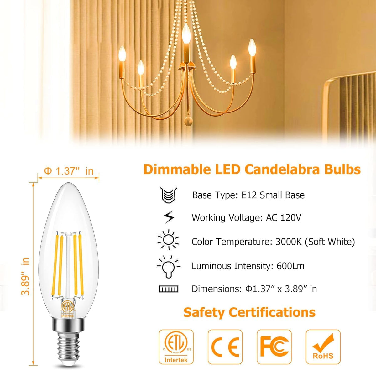 Cotanic candle-shaped LED bulb in clear glass for ambient dining lighting.