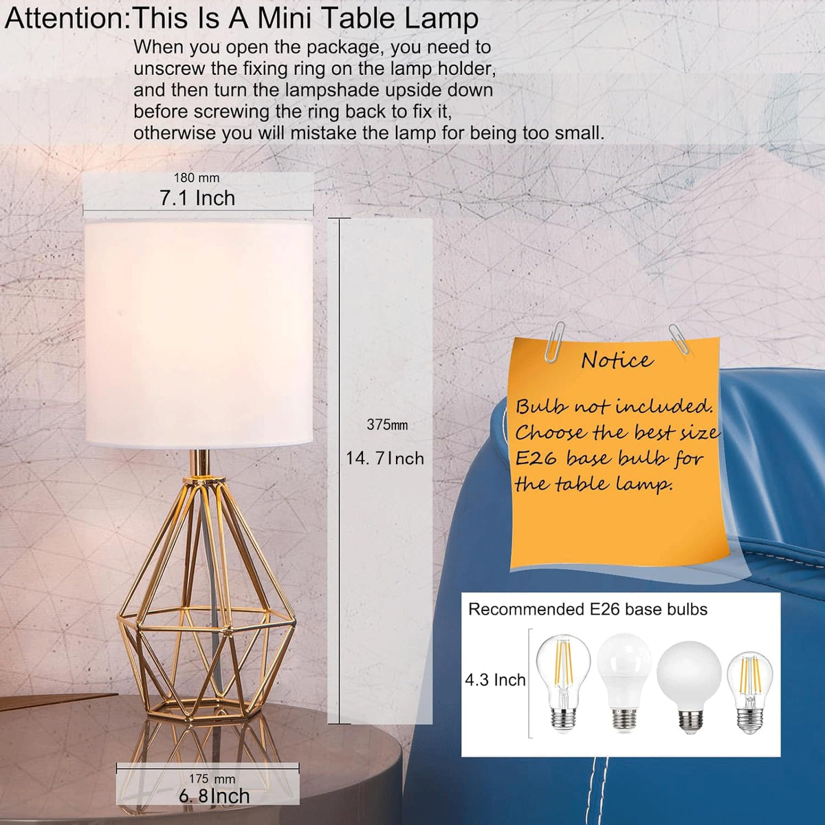 Cotulin bedside lamp with geometric gold base on a black desk