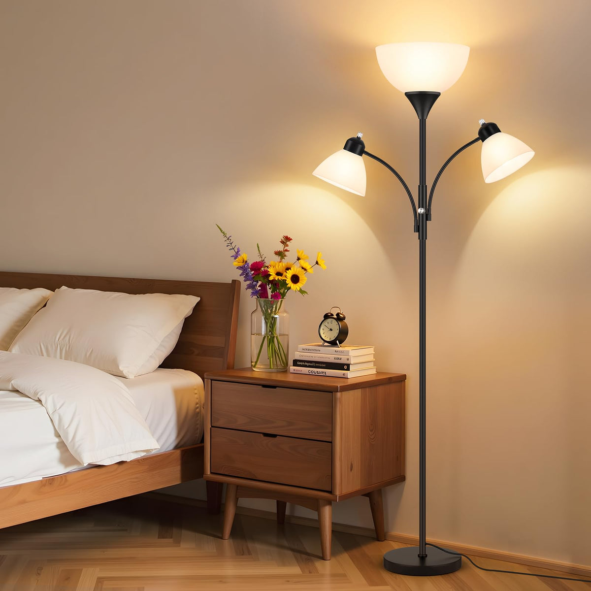 Coucrek black tall floor lamp adds modern style to rooms.