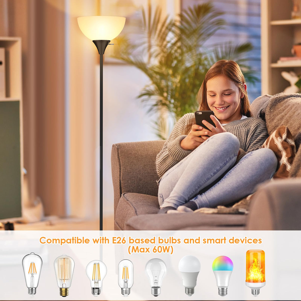 Coucrek floor lamp compatible with smart plugs and bulbs for convenient automation.