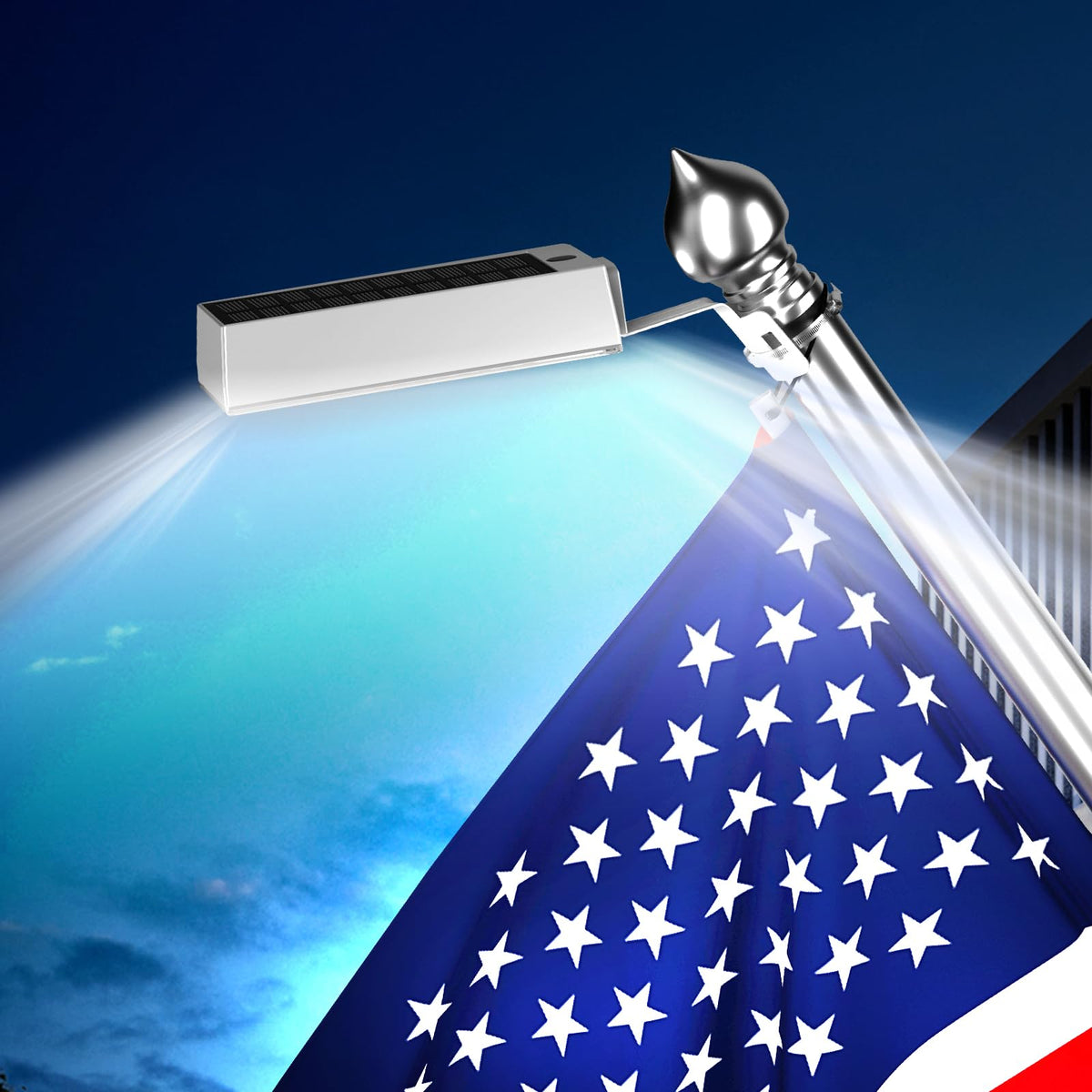 COXSENI solar flag light provides wide coverage for large flagpoles at night