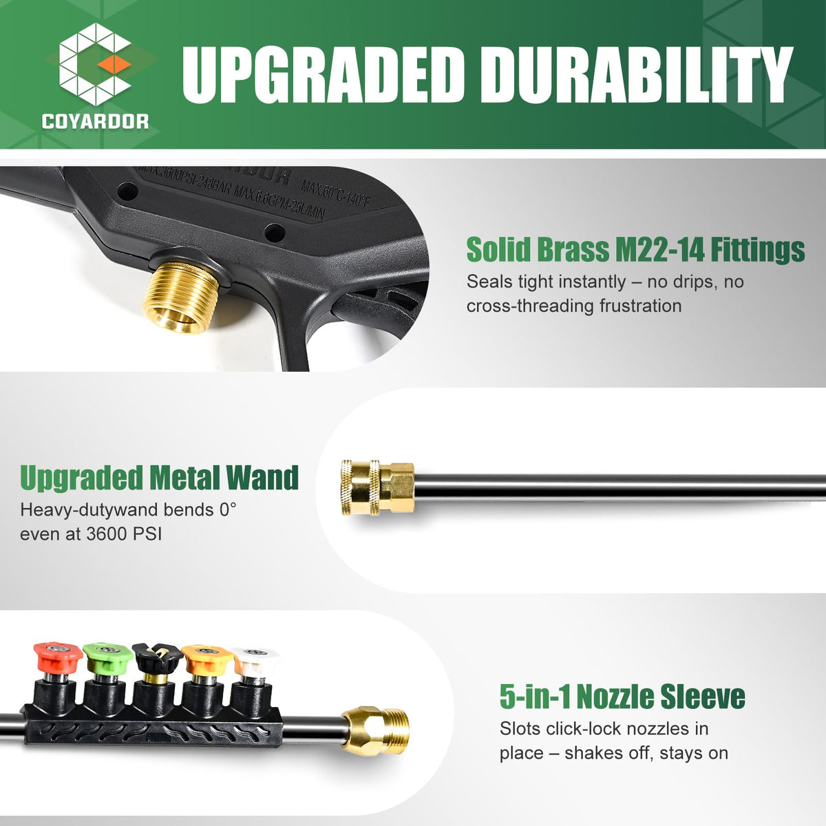 Coyardor extension wand shown in metal construction offers extended reach during cleaning.