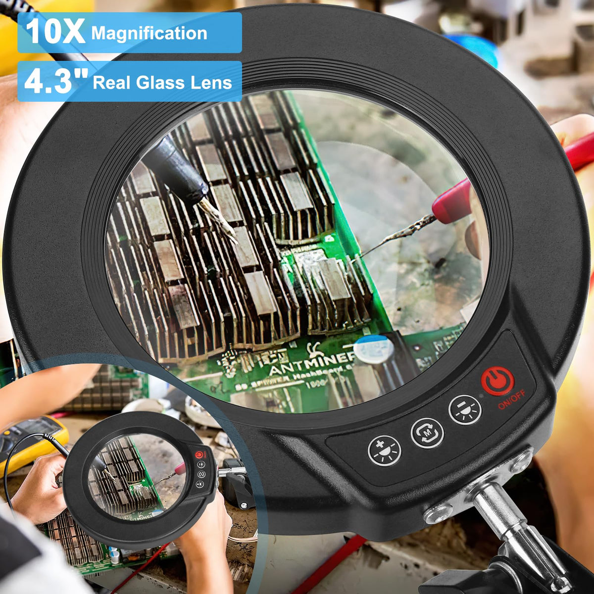 Coyeth magnifier on desk with clamp enables hands-free close work.