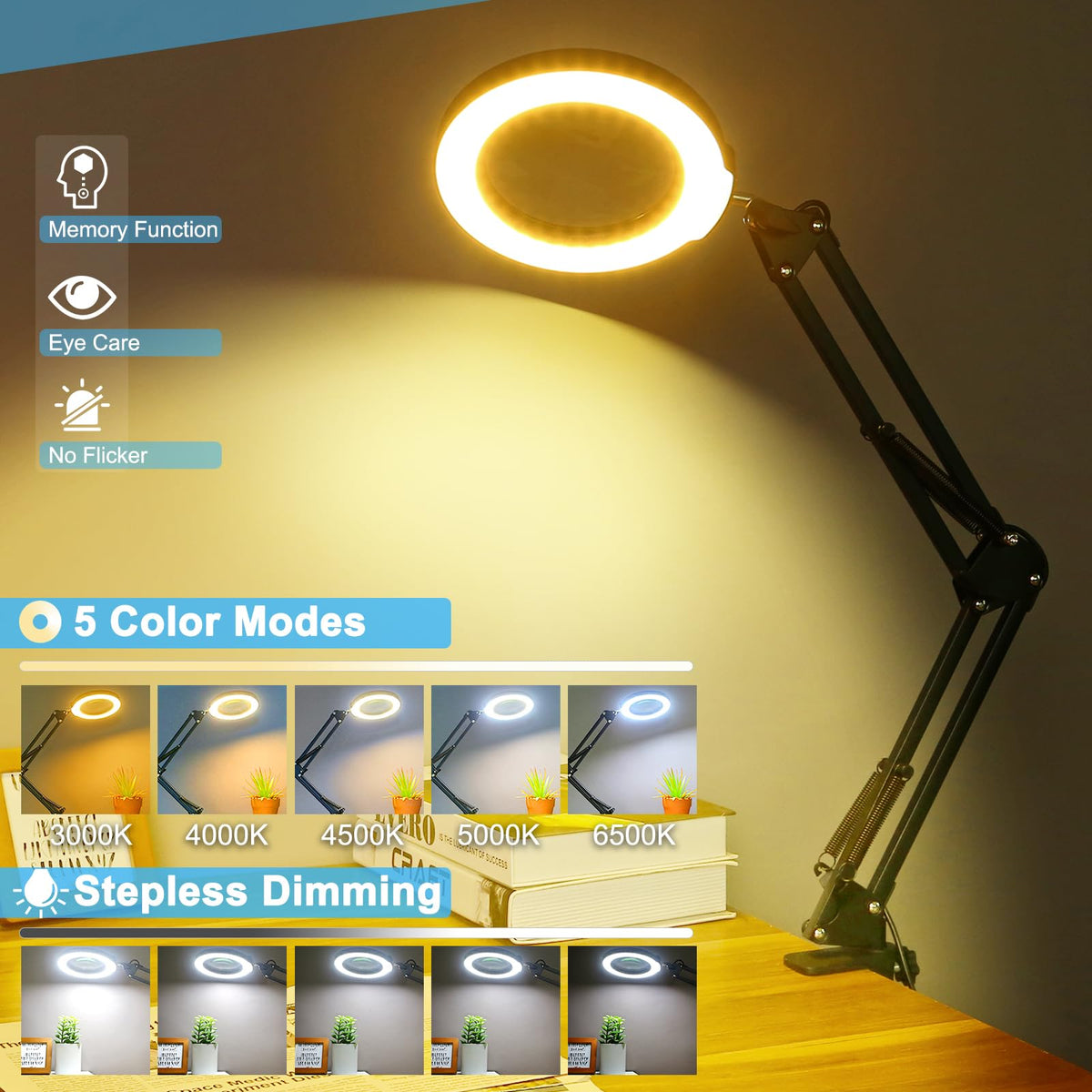 Coyeth adjustable swing arm supports steady magnification during projects.