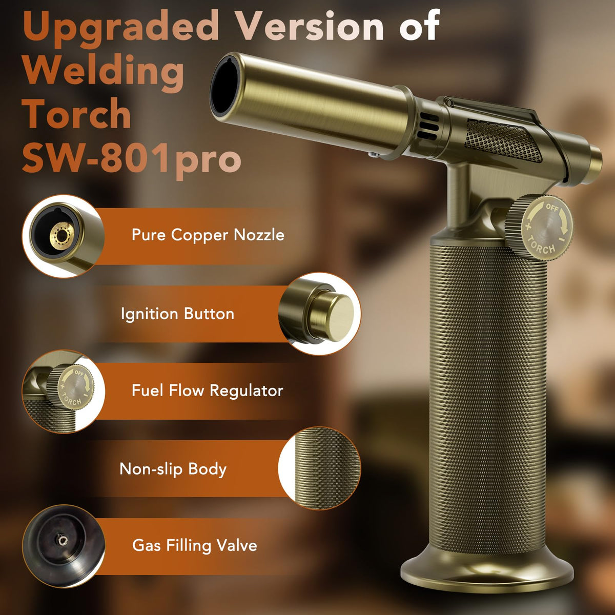 CoYlBod torch flame adjustment enables precise roasting and soldering tasks.