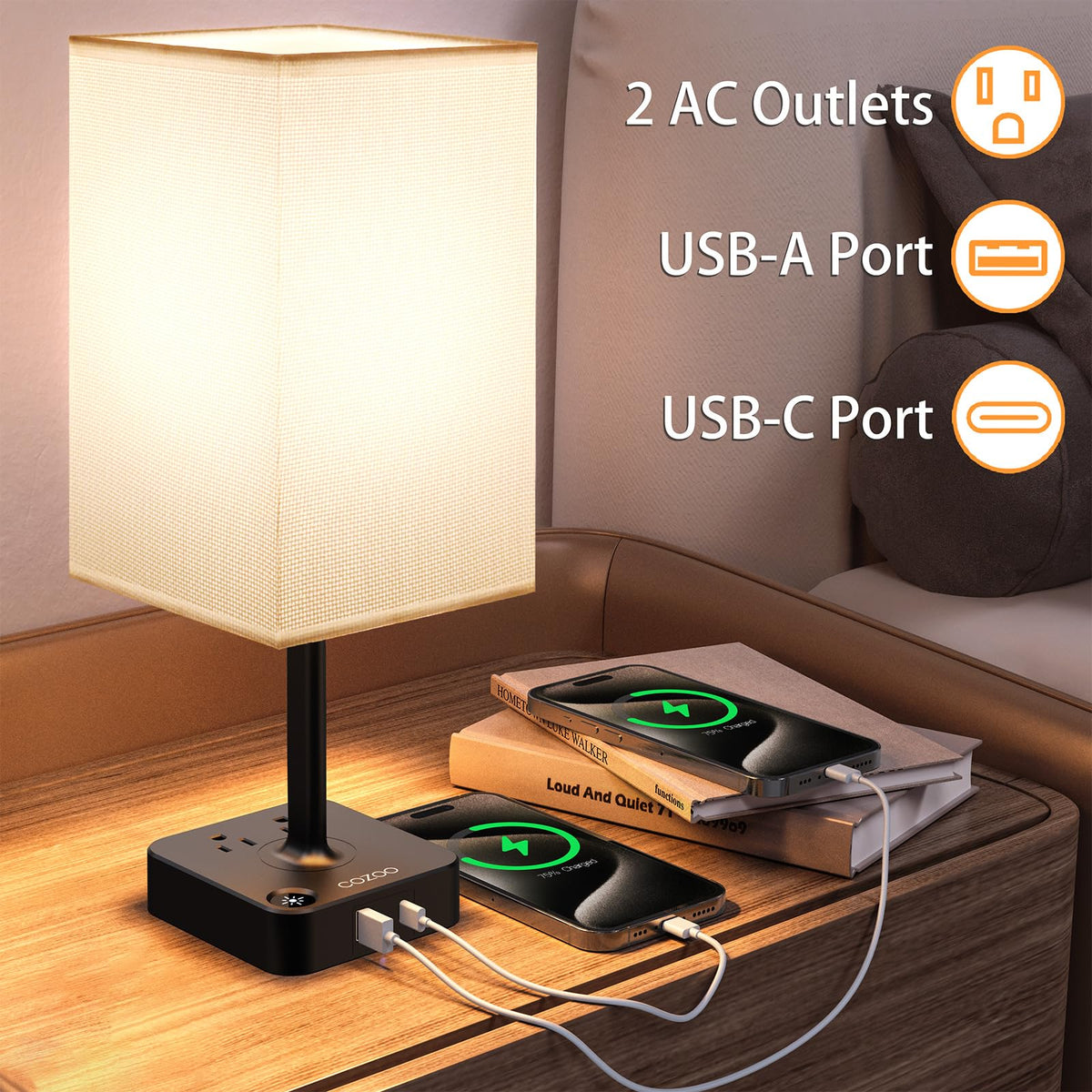 cozoo bedside lamp in white fabric shade provides soft, eye-friendly lighting for reading.