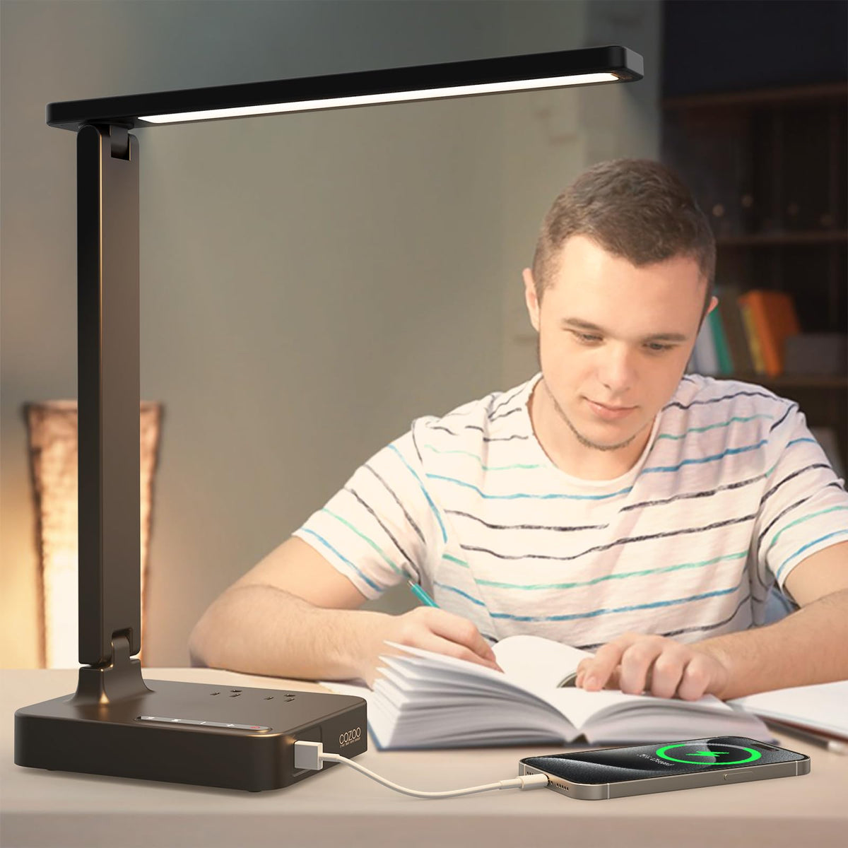Cozoo desk lamp includes two outlets to power multiple devices.