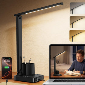 COZOO LED desk lamp full view showing compact, organized workspace with steady lighting