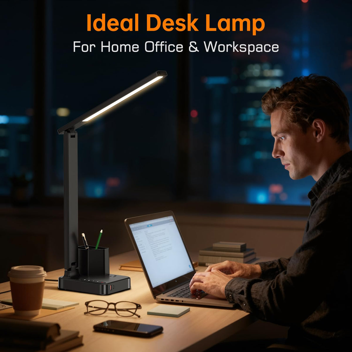 COZOO LED desk lamp outlet USB ports illustrating all-in-one charging while working
