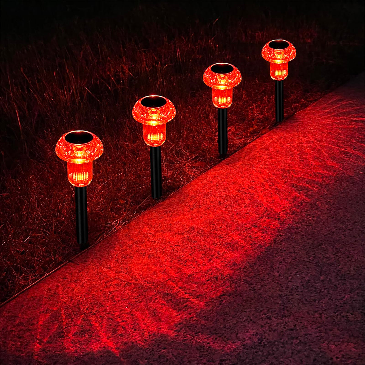 COZY-PAVILION Easter red mushroom solar light illuminating a garden path at dusk