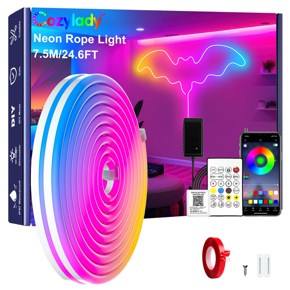 Cozylady RGB neon LED rope light illuminating the living room with vibrant color ambiance.