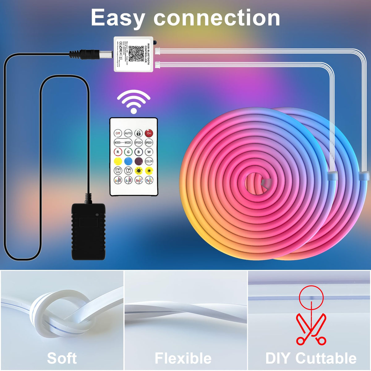 Cozylady RGB Neon rope light in flexible silicone design for easy DIY shapes.