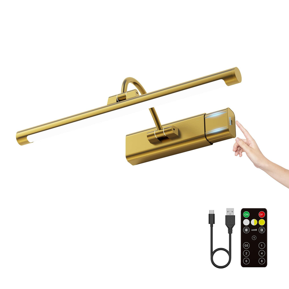 Craftersmark 16inch brass wall light on wall highlighting artwork with warm, even illumination