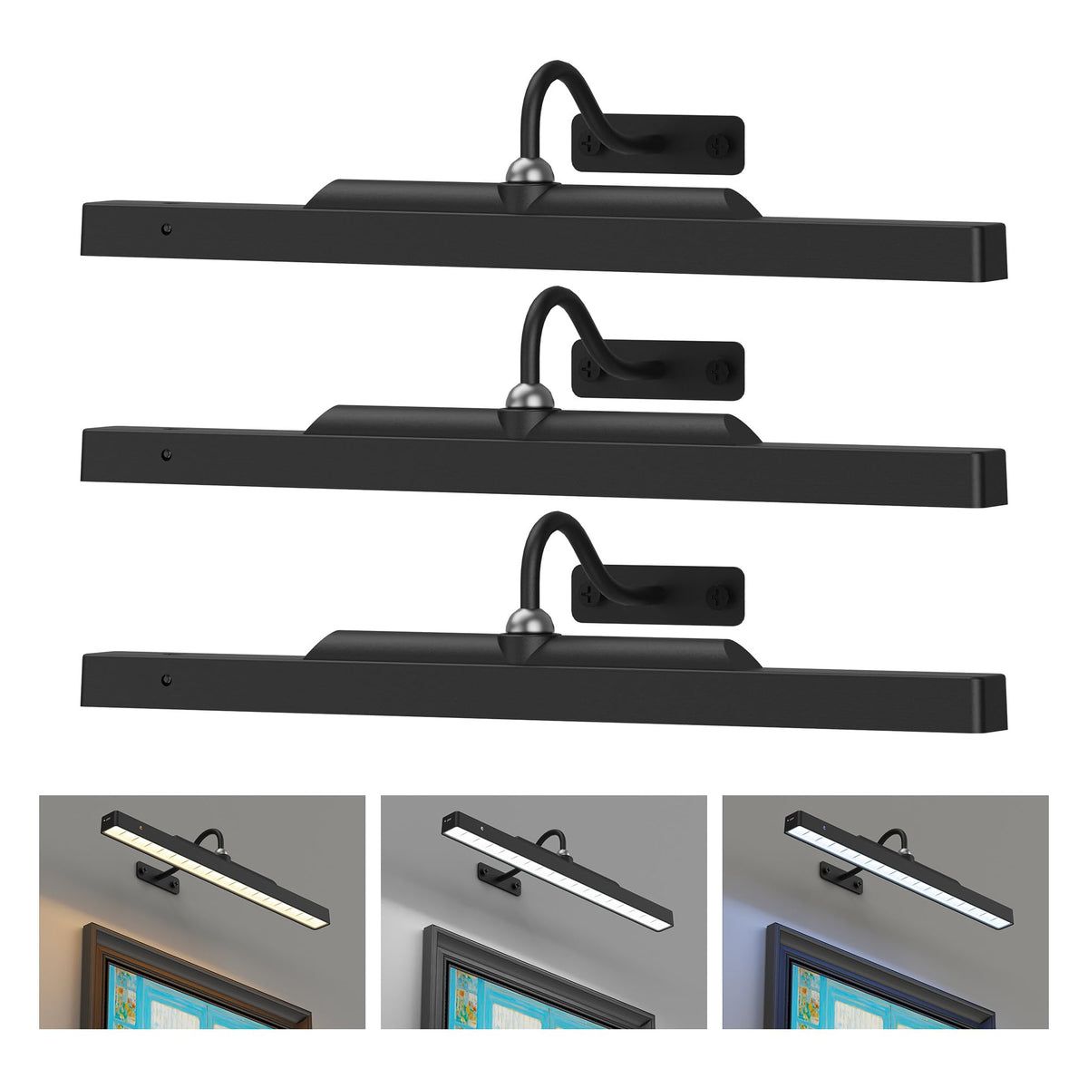 Craftersmark 3Pack picture light on wall highlights artwork with adjustable brightness.