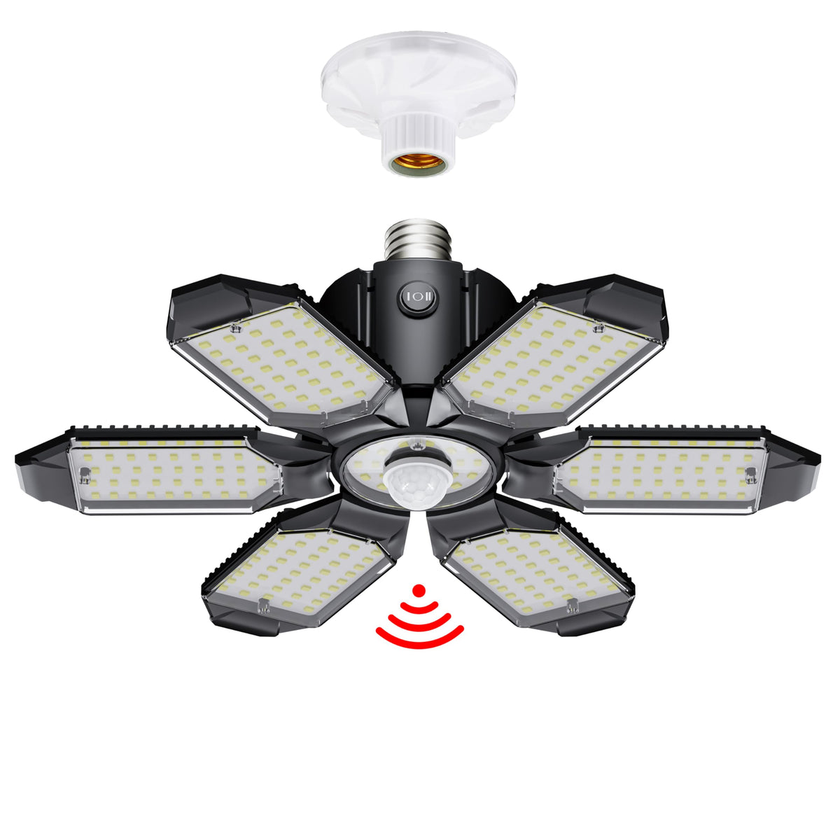 Craftersmark motion sensor garage light front view showing bright, even night illumination.