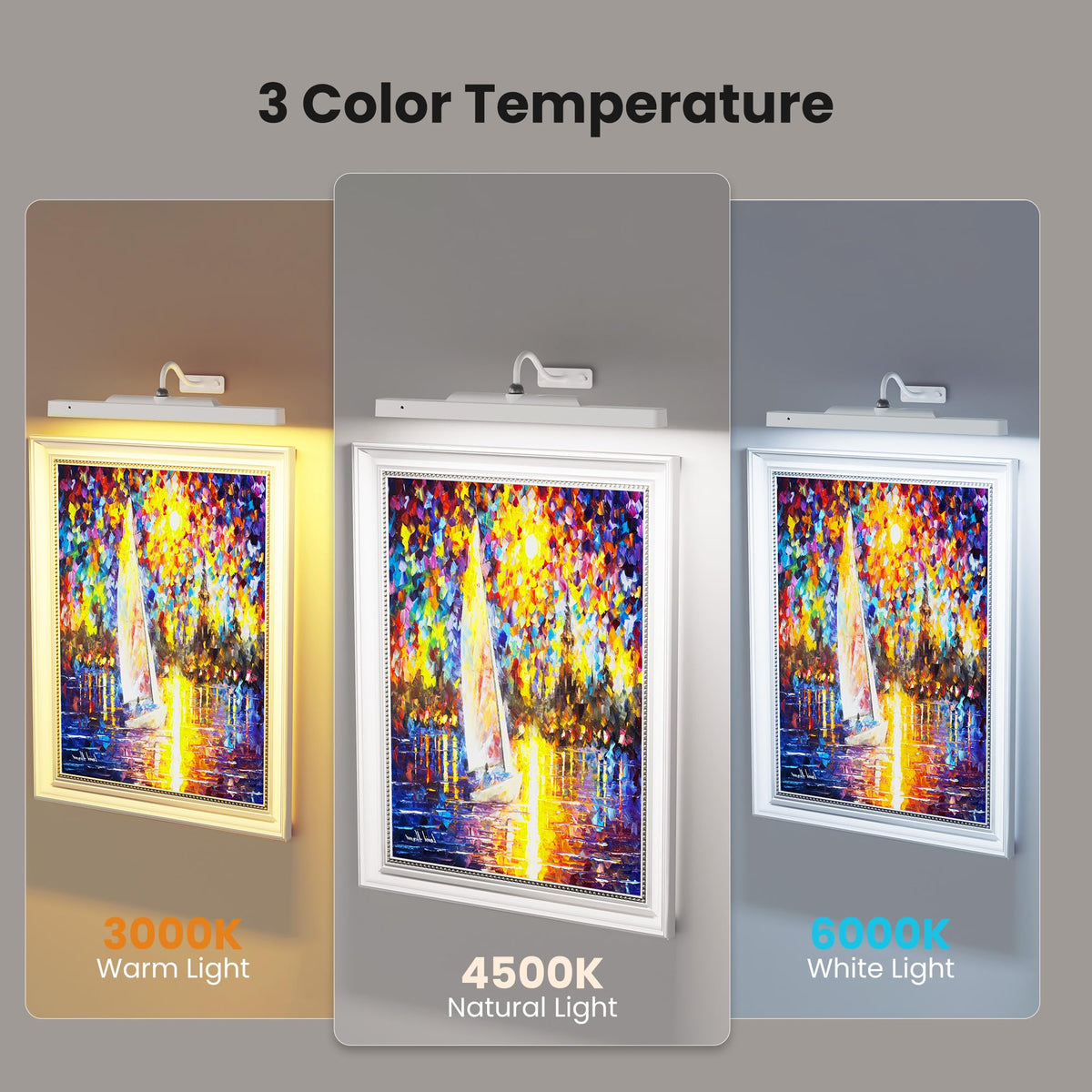 Craftersmark picture light shows three color temperatures for warm, neutral, or cool ambience.