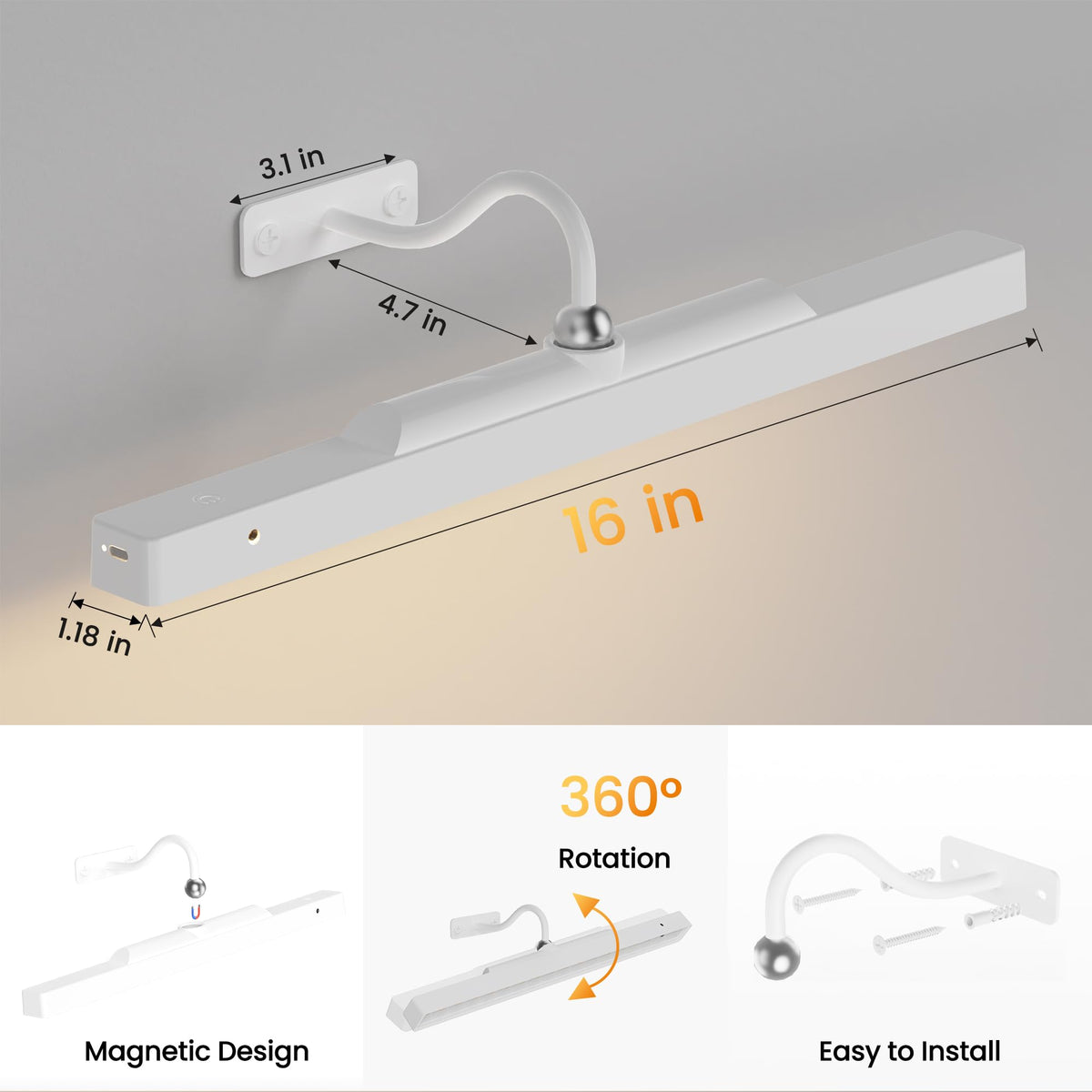 Craftersmark picture light with USB-C charging keeps cables out of sight.