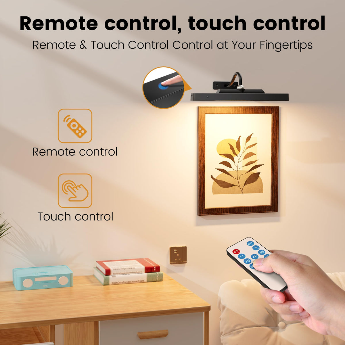 Black finish adds modern contrast to living room wall displays