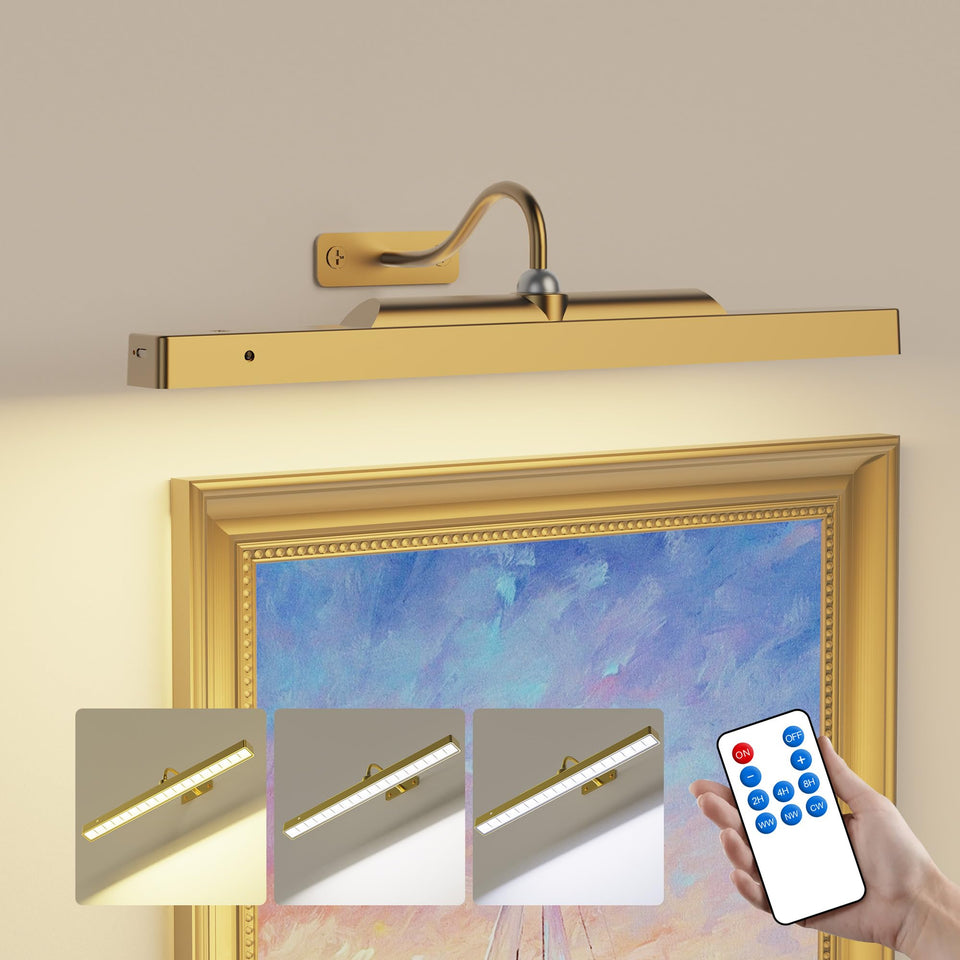Craftersmark wireless picture light on frame highlighting artwork with even brightness.