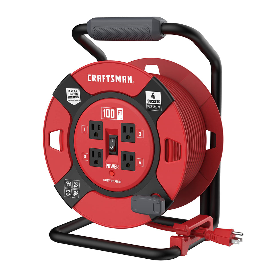 Craftsman 100 ft retractable extension cord reel with four outlets for outdoor projects