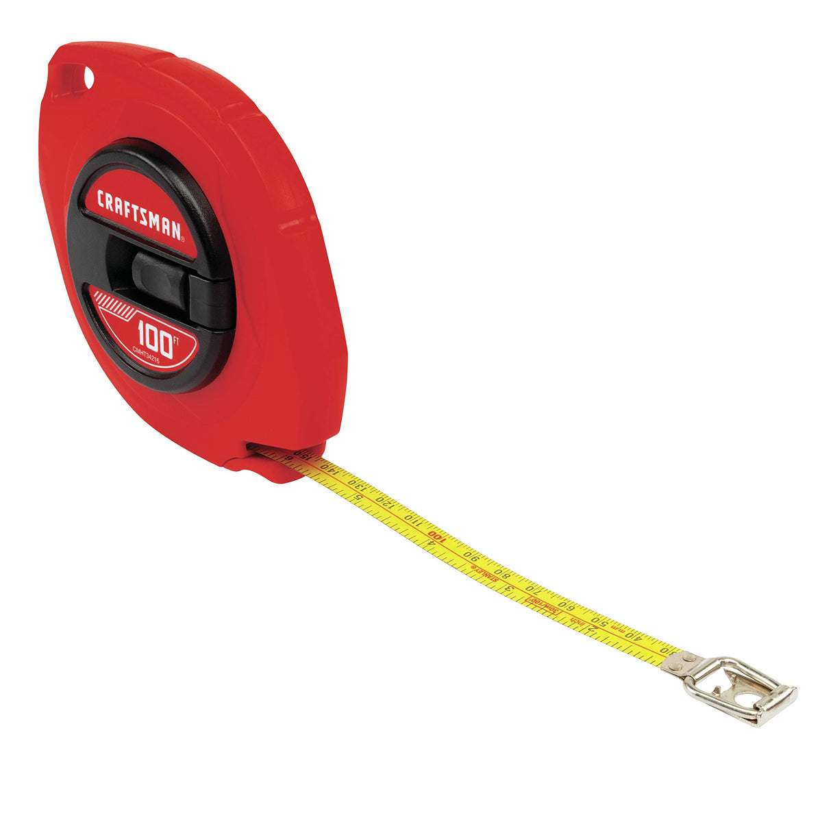 CRAFTSMAN 100-ft tape measure end-hook close-up demonstrates safe storage and quick retraction.