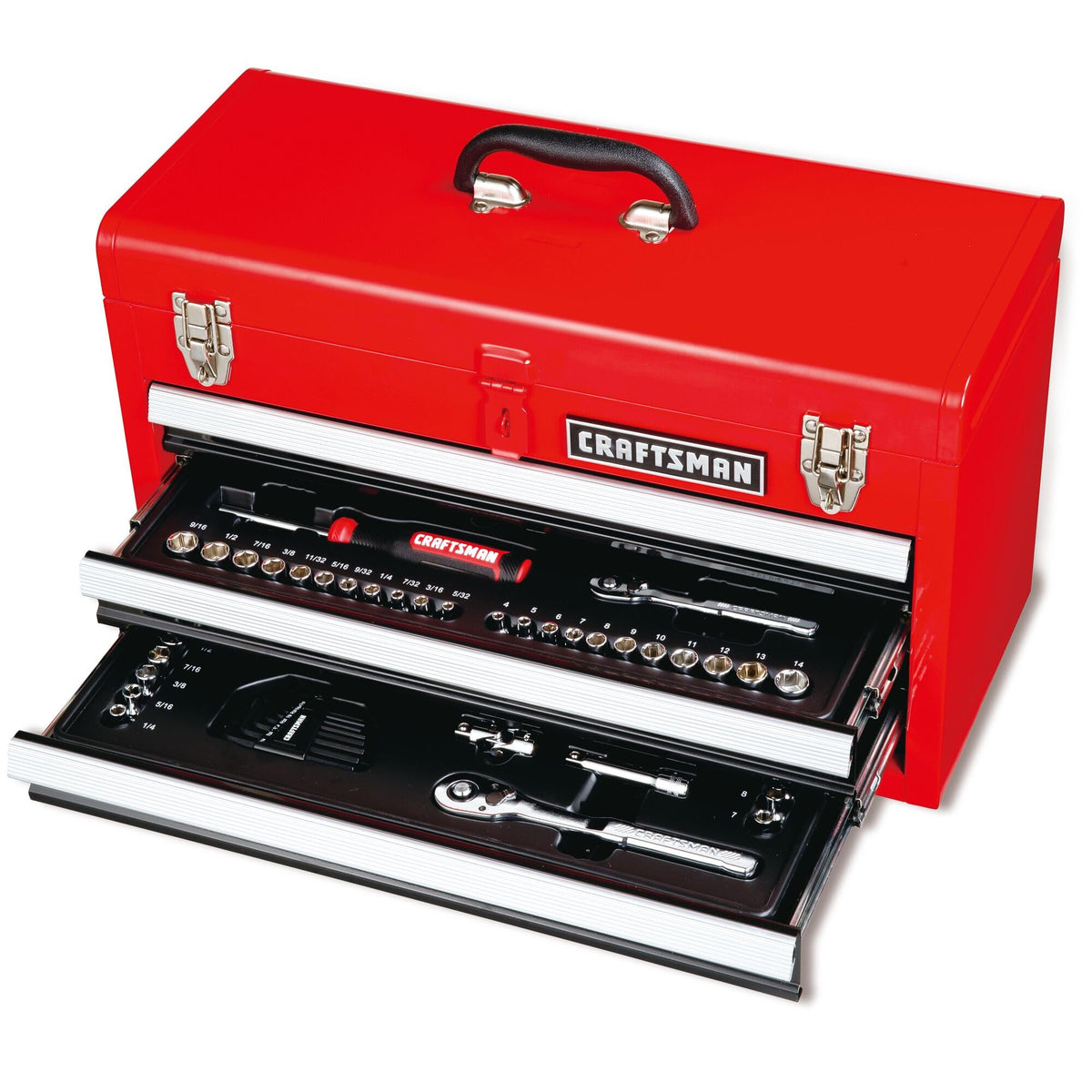 Craftsman 104Pc tool set in portable toolbox shows organized sockets for quick tasks.