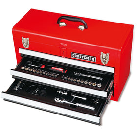 Craftsman 104Pc tool set in portable toolbox shows organized sockets for quick tasks.