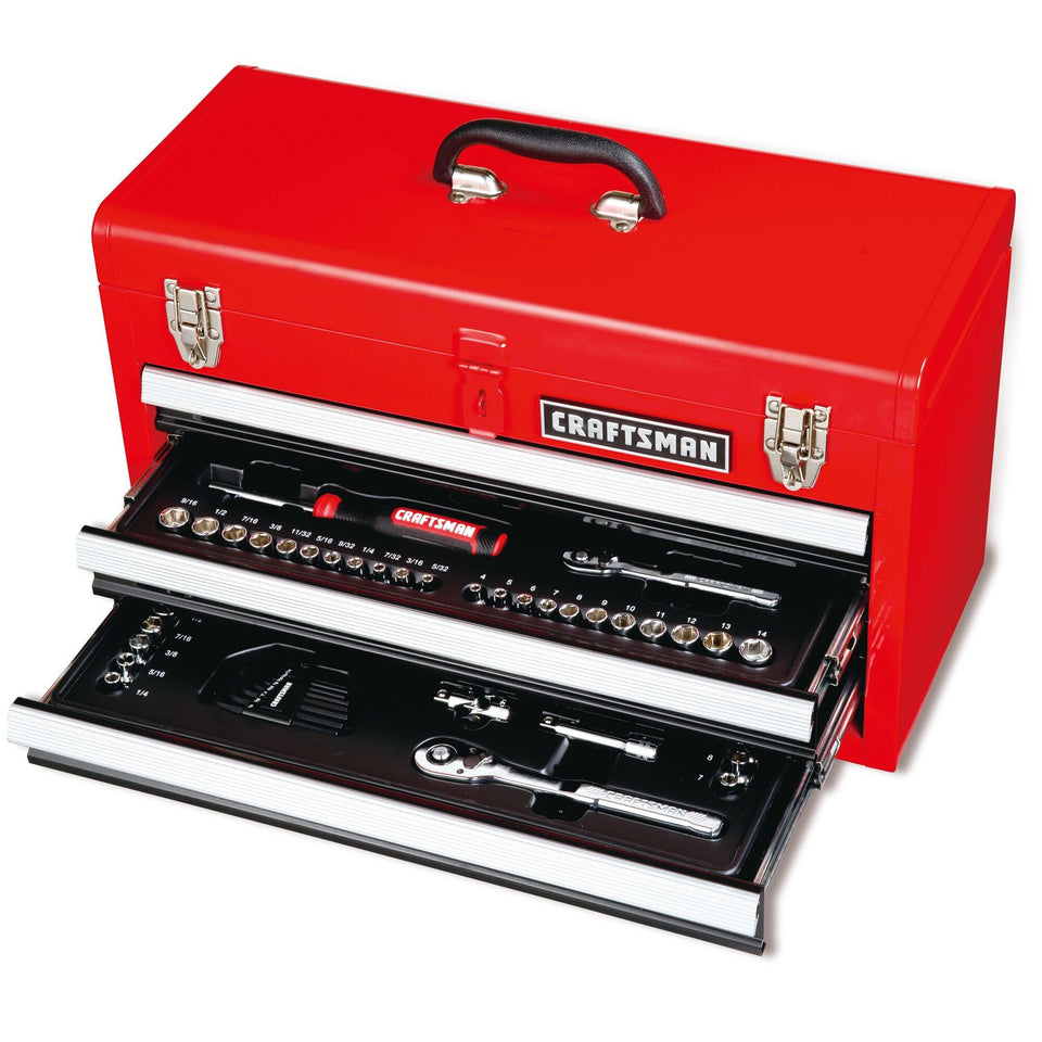 Craftsman 104Pc tool set in portable toolbox shows organized sockets for quick tasks.